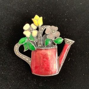 Enamel Marcasite Watering Can Flowers Brooch Pin S.M.925 Spring Floral Summer